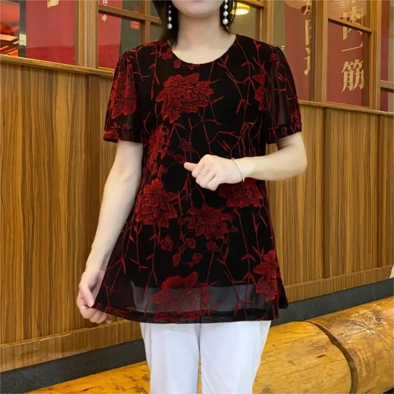 fashionable floral chiffon shirt with embroidered flowers