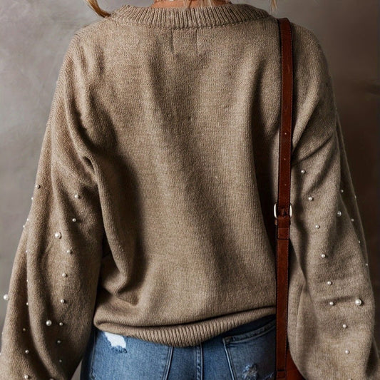🔥Women's Faux Pearls Round Neck Pullover Sweater