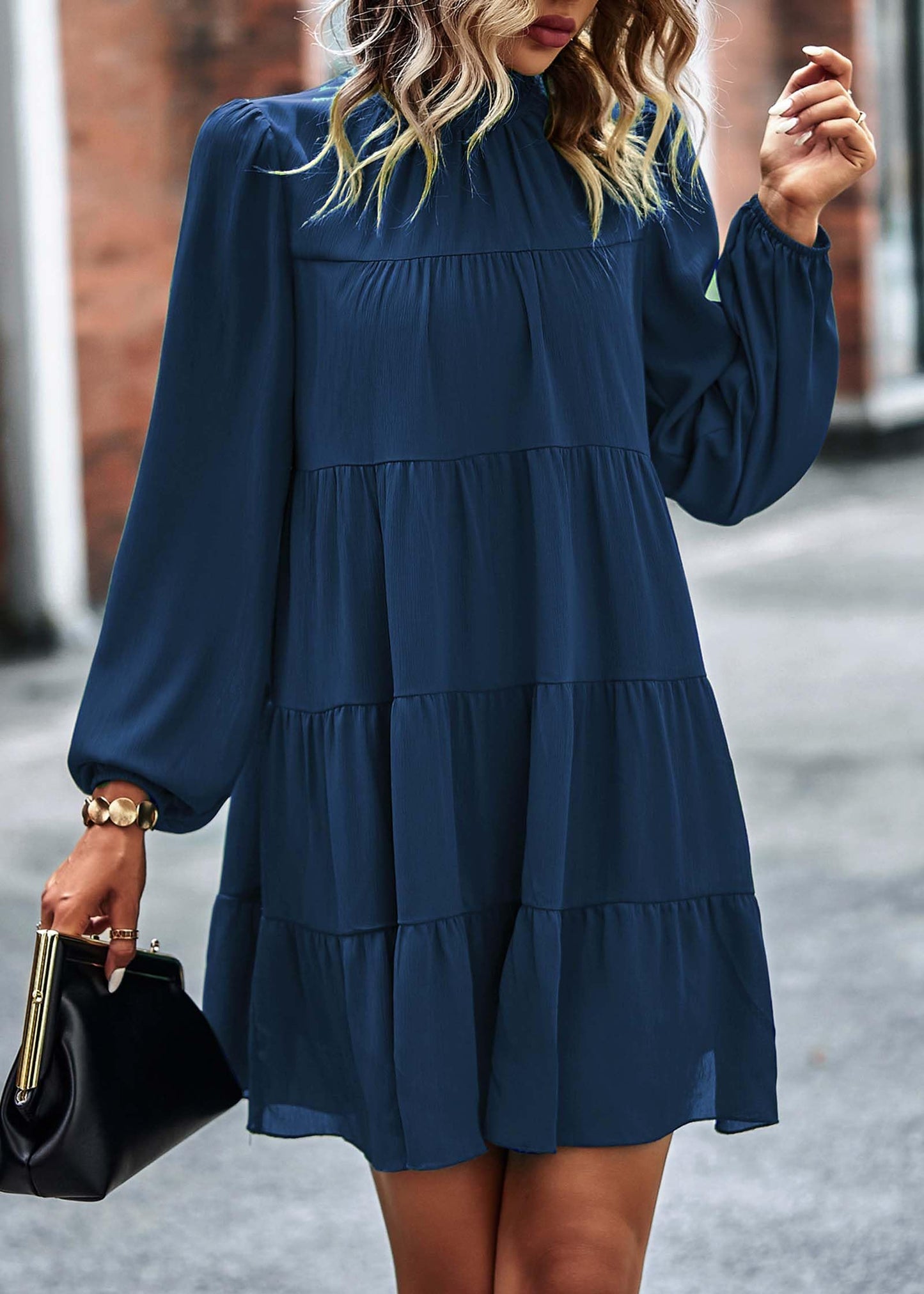 Womens Casual Long Sleeve Mock Neck Ruffle Tiered Babydoll Dress