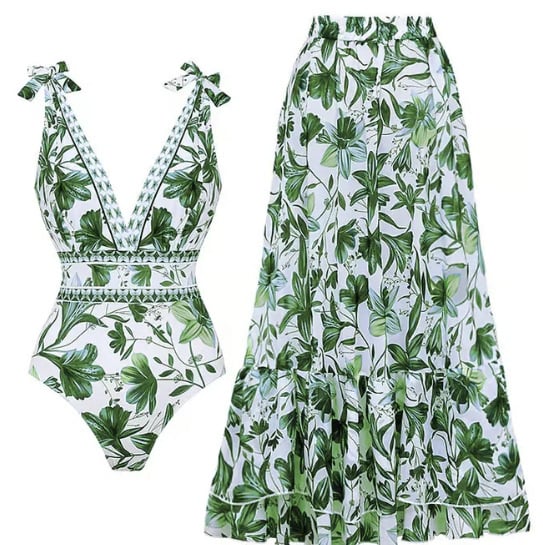 V Neck Lace Up Strip Plant Prints One Piece Swimsuit and Skirt/Sarong