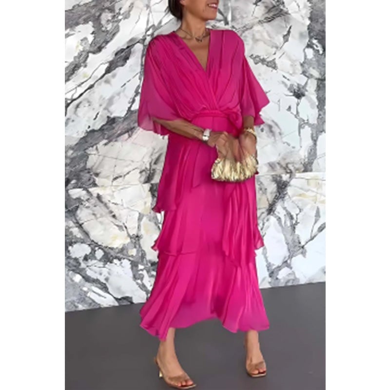 💐 Elegant layered dress with V-neckline, wrap around waist and tie