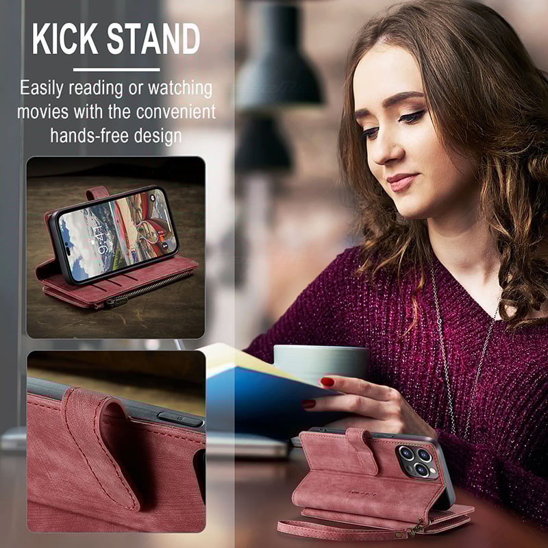 Luxurious & High-end Leather Wallet Flip iPhone Case with Wrist Strap