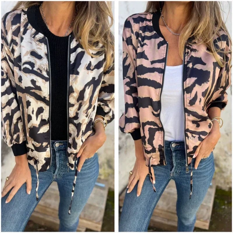 🌸 Women's Fall Zebra Print Zipper Bomber Jacket