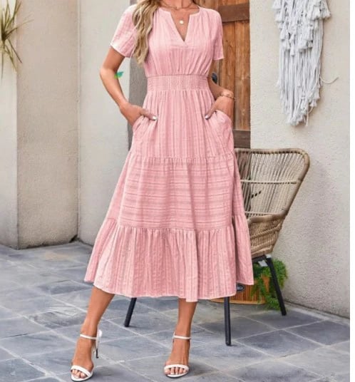 🌷Women's Casual Spring Short Sleeve V Neck Maxi Dress