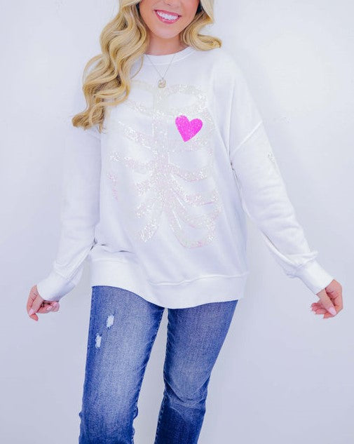 Women's Heart Skeleton Sequin Embellished Sweatshirt
