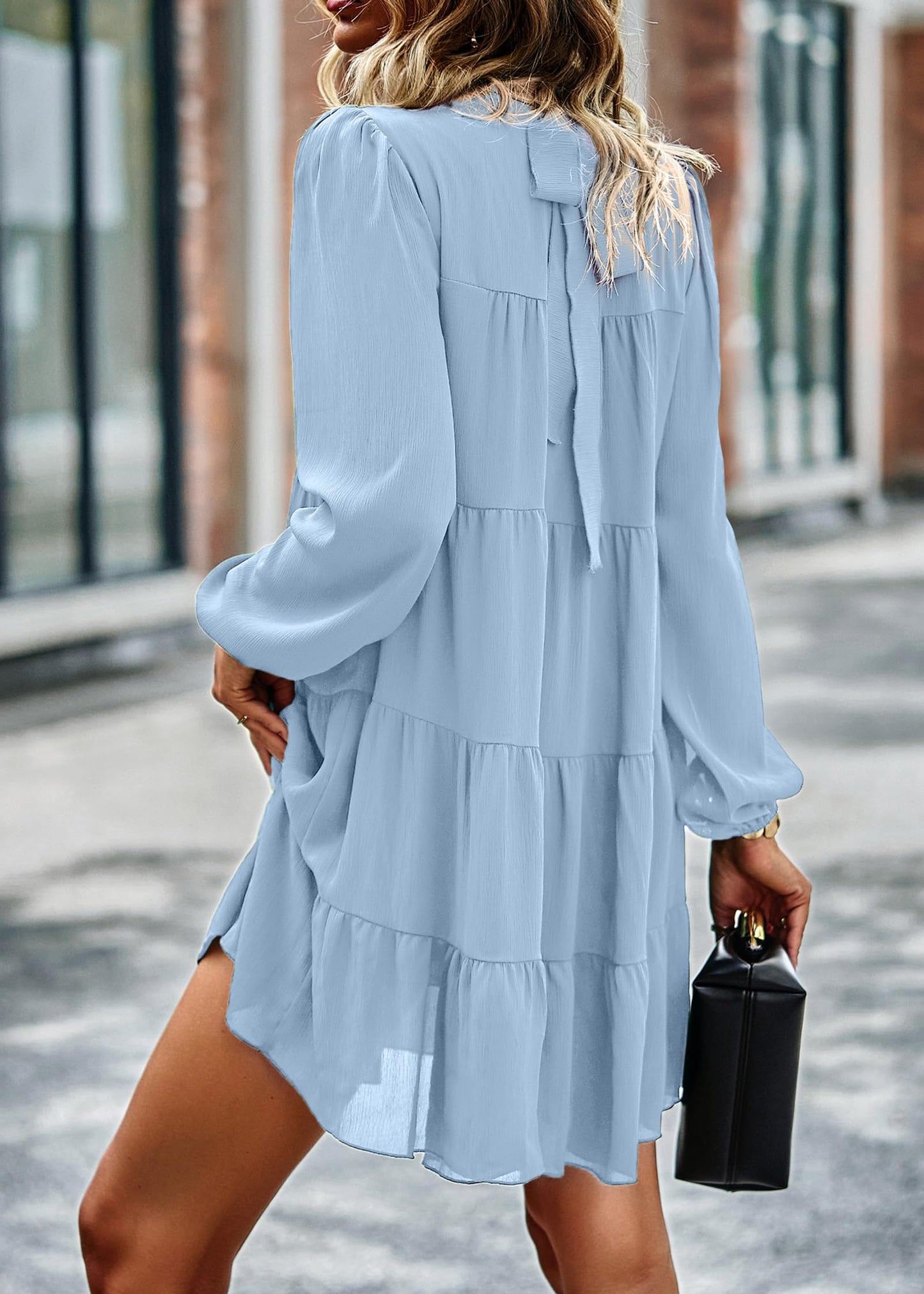 Womens Casual Long Sleeve Mock Neck Ruffle Tiered Babydoll Dress