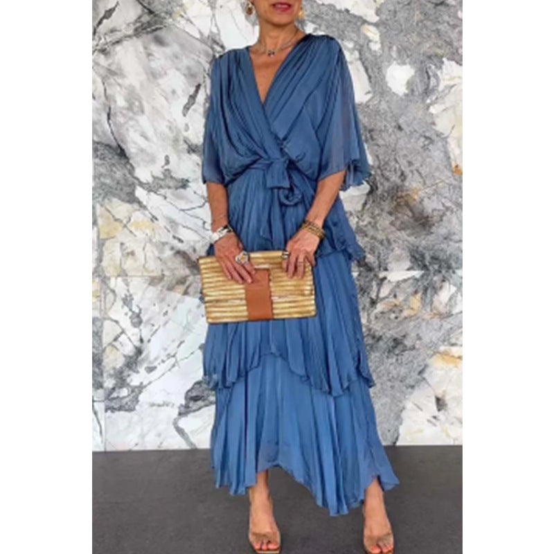💐 Elegant layered dress with V-neckline, wrap around waist and tie