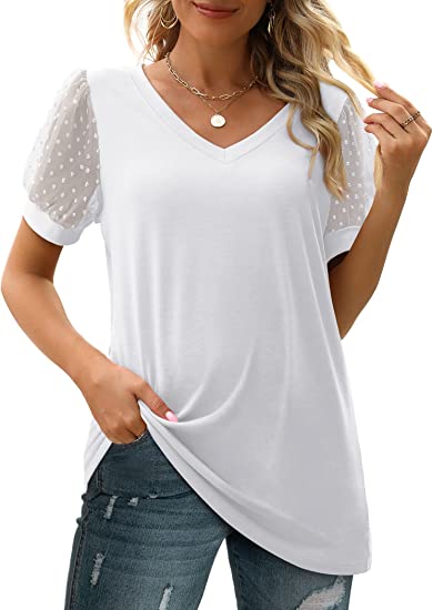 Summer Tops for Women V Neck T Shirts Casual Puff Sleeve Shirts Loose Fit