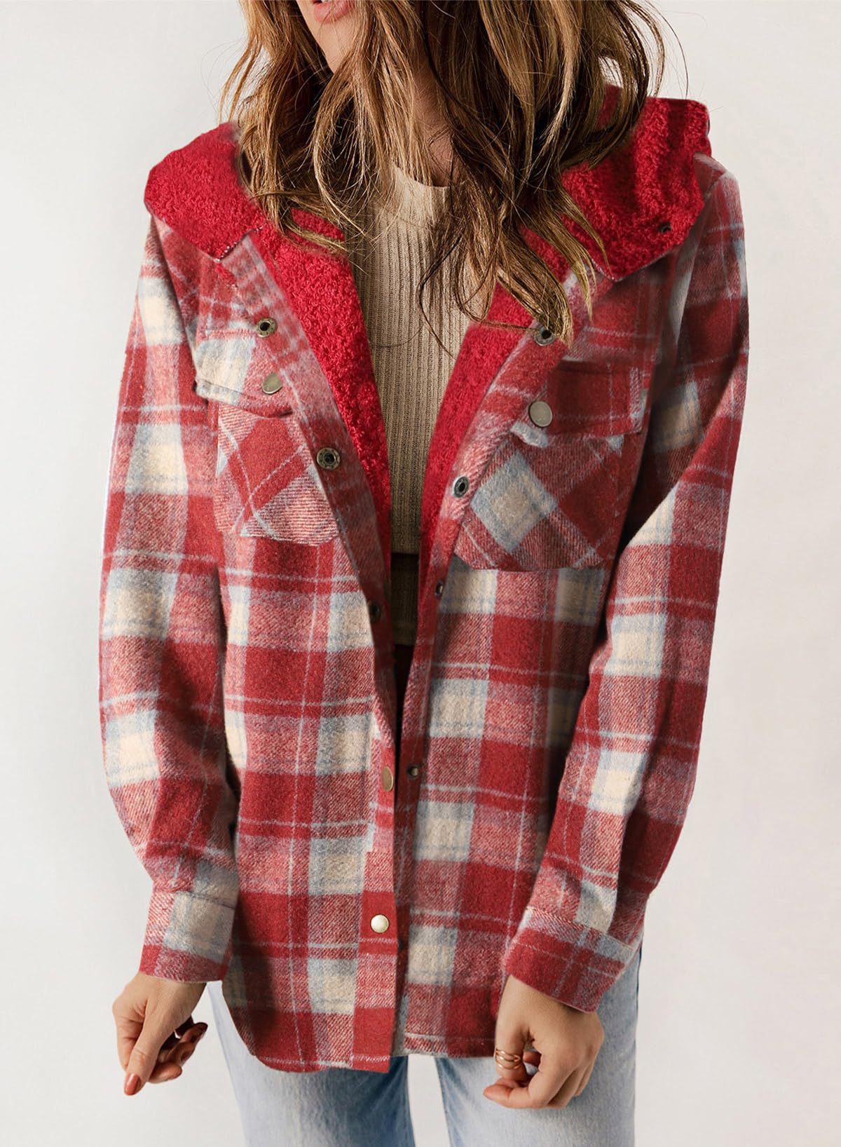 ⏰Hot Sale-Women's Plaid Long Sleeve Button Fleece Hooded Jacket