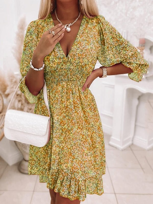 V-Neck Pleated Floral Print Mini Dress