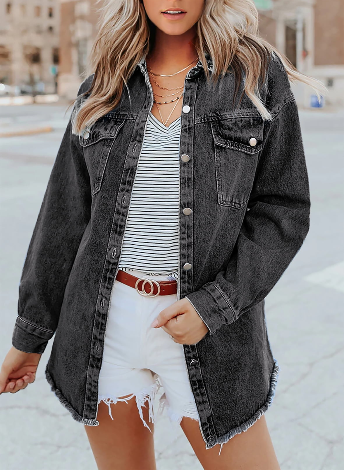 Women's Casual Denim Button Down Distressed Jacket