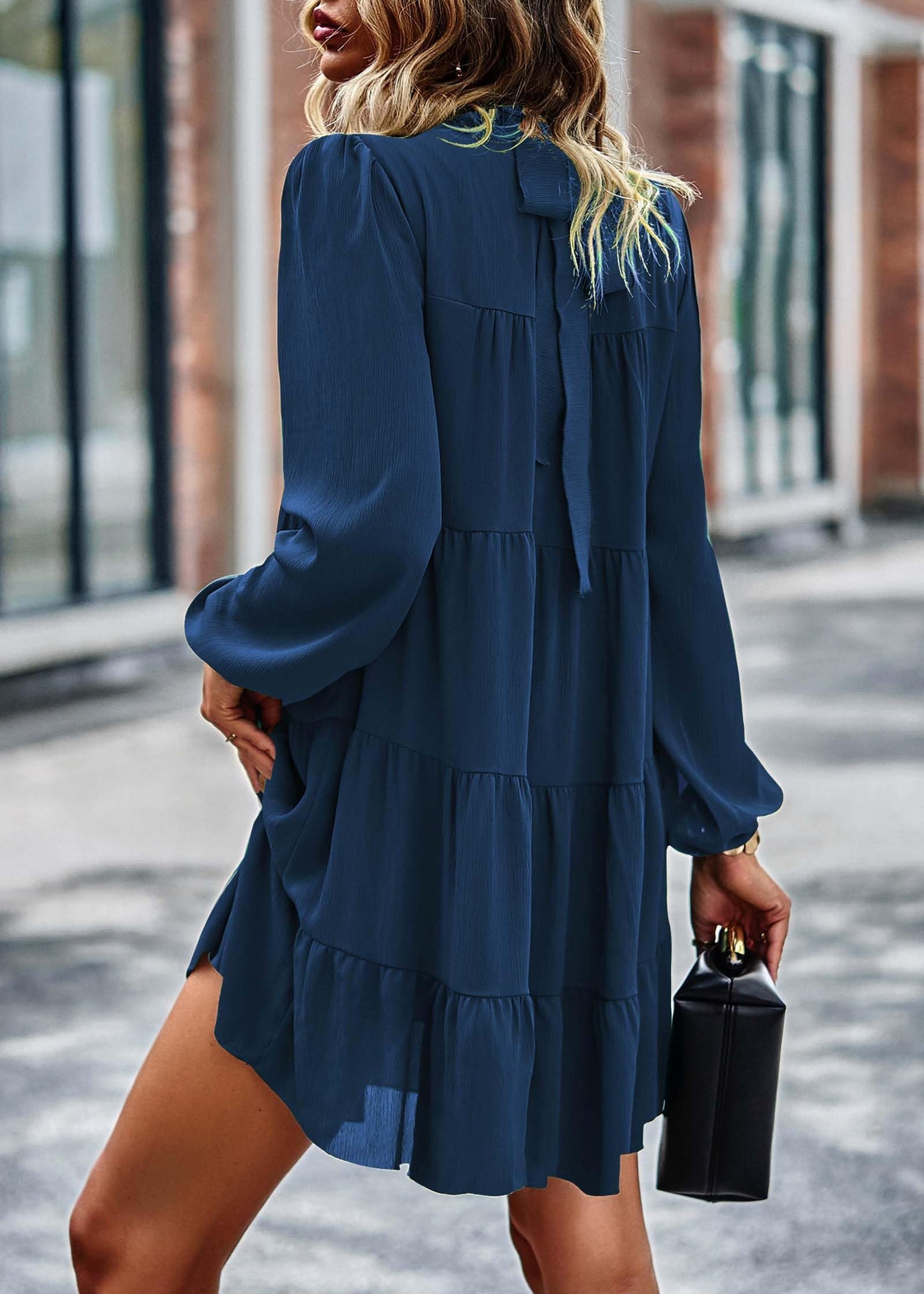 Womens Casual Long Sleeve Mock Neck Ruffle Tiered Babydoll Dress