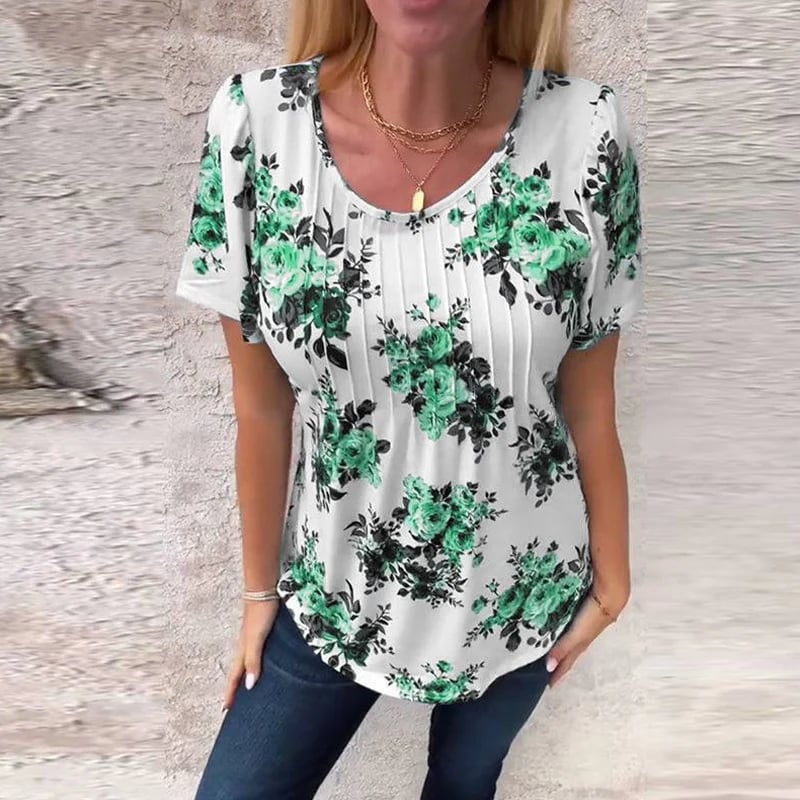 Vrouwen Loose Ronde Hals Korte Mouw Bloemen Blouse