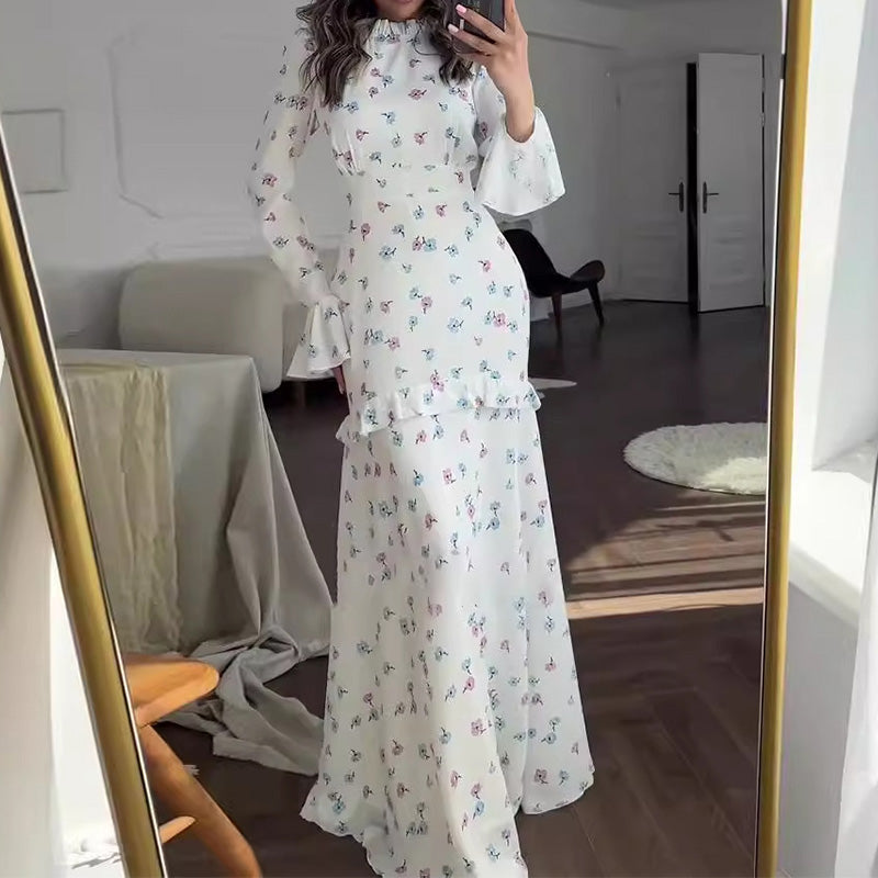 Elegant Floral Print Ruffled Slim Fit Dress