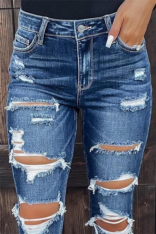 Ripped Rolled Hem Mid Waist Skinny Jeans