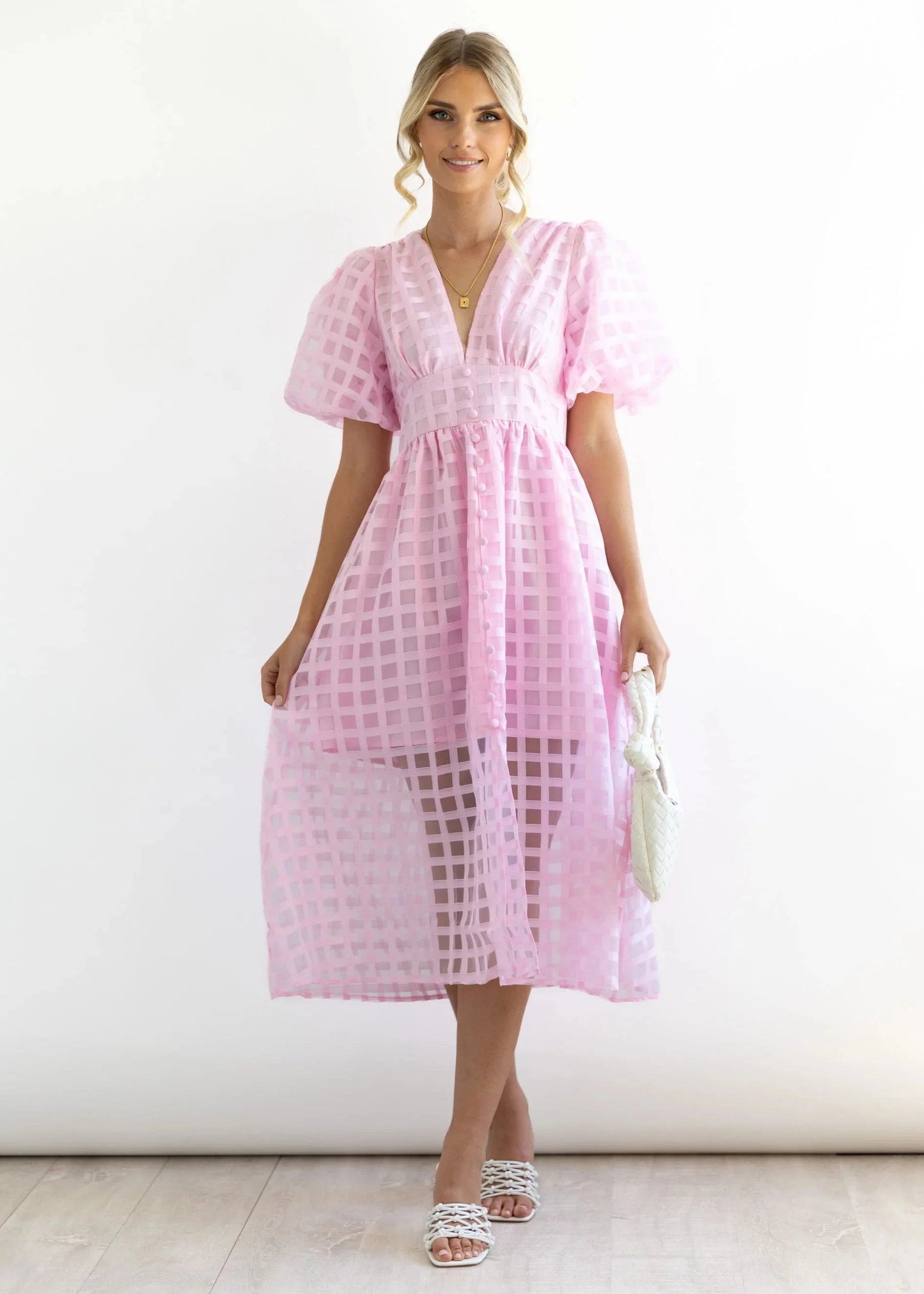 🔥🔥 Beauty Square Patterned Fabric Puff Sleeve Midi Dress