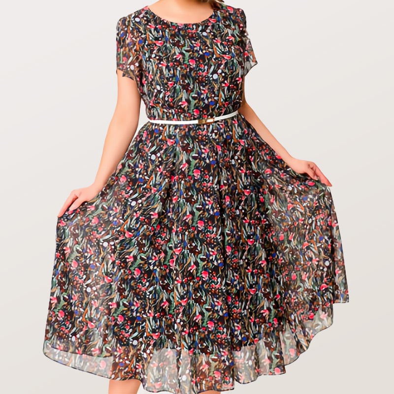 💃Floral chiffon dress with delicate white belt