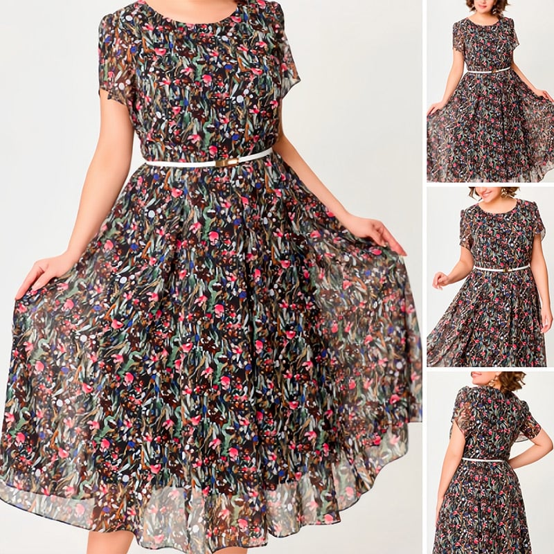 💃Floral chiffon dress with delicate white belt