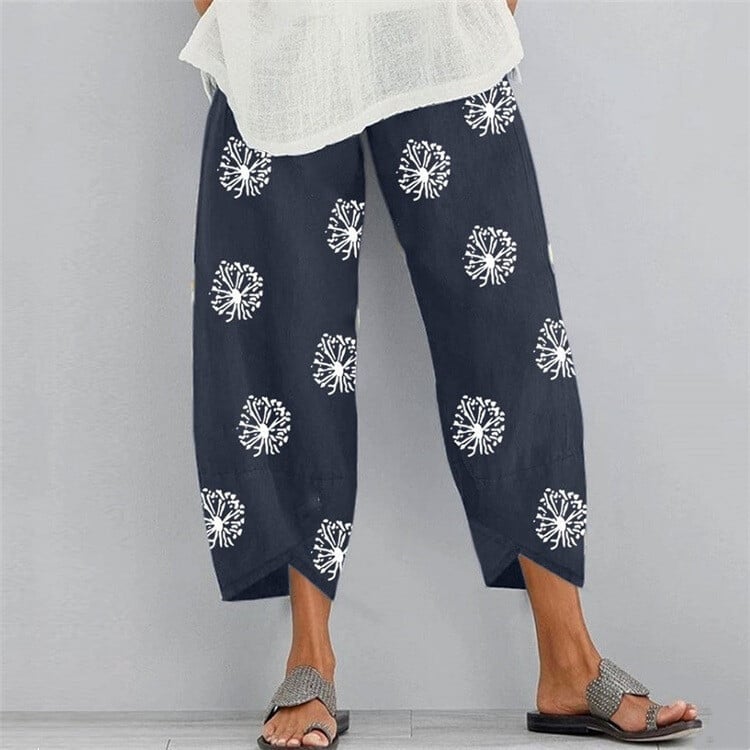 Women Printed Cotton Linen Wide Leg Drawstring Waist Capris Crop Pants