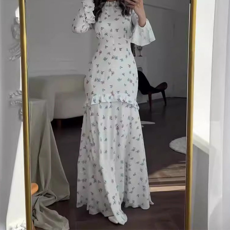 Elegant Floral Print Ruffled Slim Fit Dress