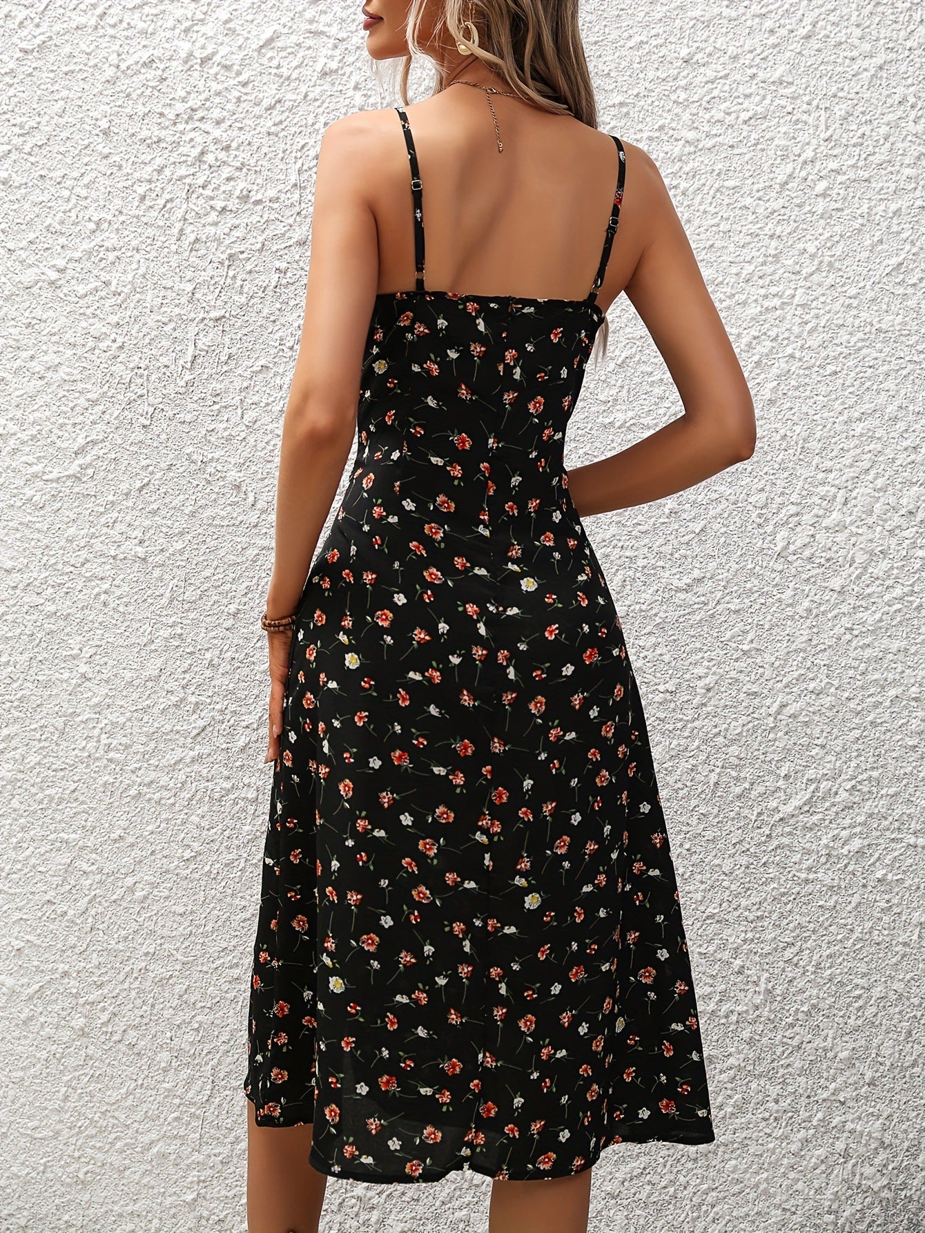 Polka Dot Print Maxi Dress with Sexy Slit and Suspender Straps