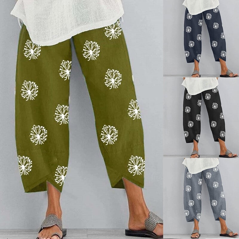 Women Printed Cotton Linen Wide Leg Drawstring Waist Capris Crop Pants