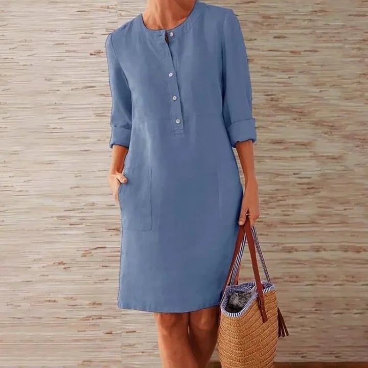 Pure Color Casual Cotton And Linen Round Neck Dress