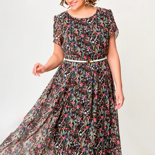 💃Floral chiffon dress with delicate white belt