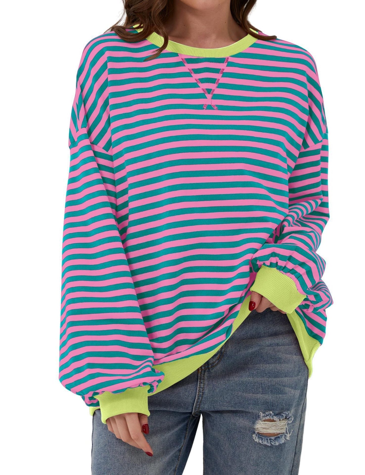 WOMEN'S OVERSIZED STRIPED LONG SLEEVE PULLOVER