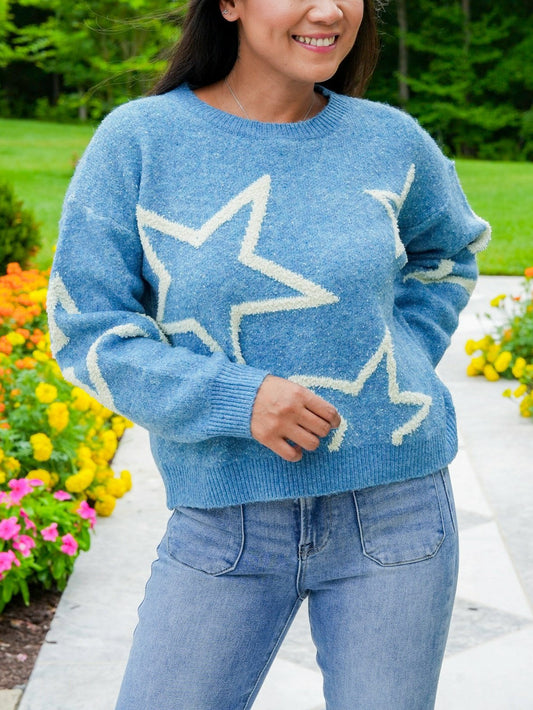 HOT SALE Star Pattern Contrast Long Sleeve Pullover Sweater