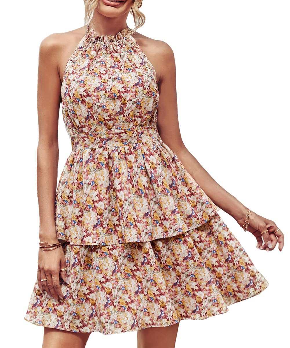Summer Floral Halter Dress with Ruffle Details and Backless Design