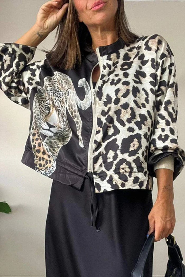 Leopard Unique Print Zipper Drawstring Hem Bomber Jacket