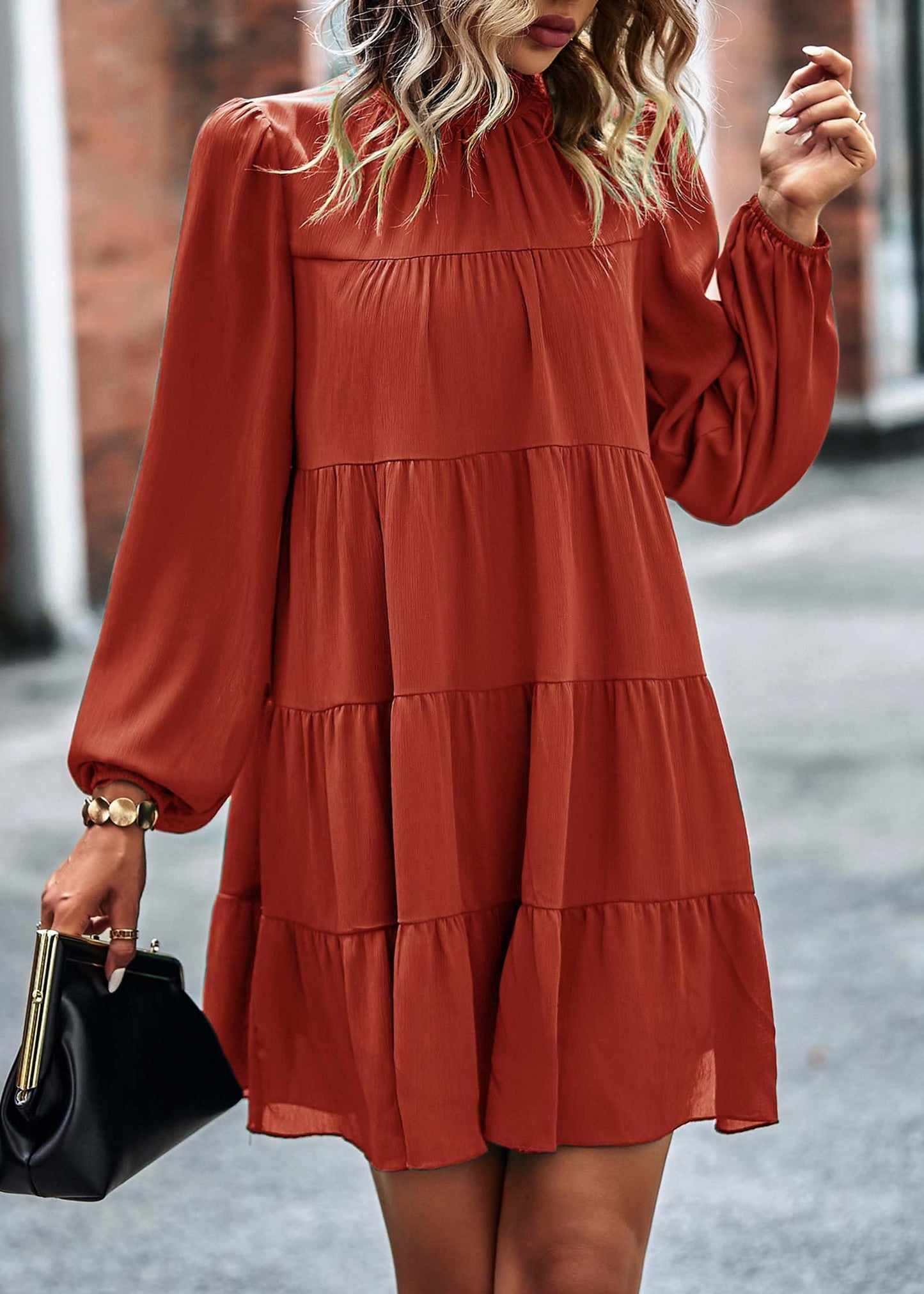 Womens Casual Long Sleeve Mock Neck Ruffle Tiered Babydoll Dress