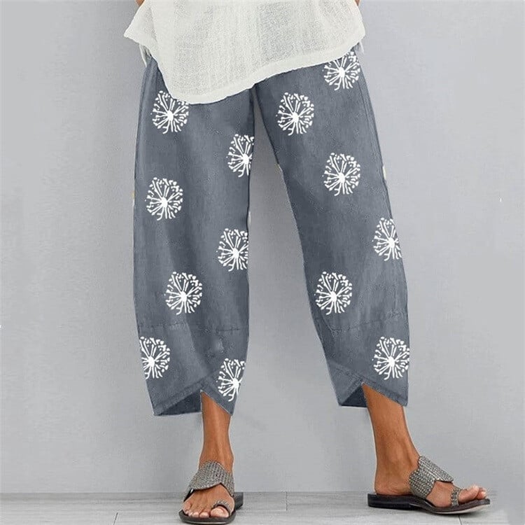 Women Printed Cotton Linen Wide Leg Drawstring Waist Capris Crop Pants