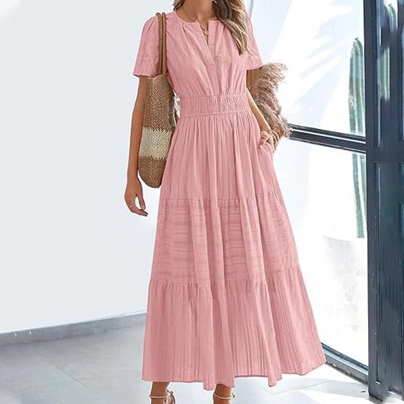 🌷Women's Casual Spring Short Sleeve V Neck Maxi Dress