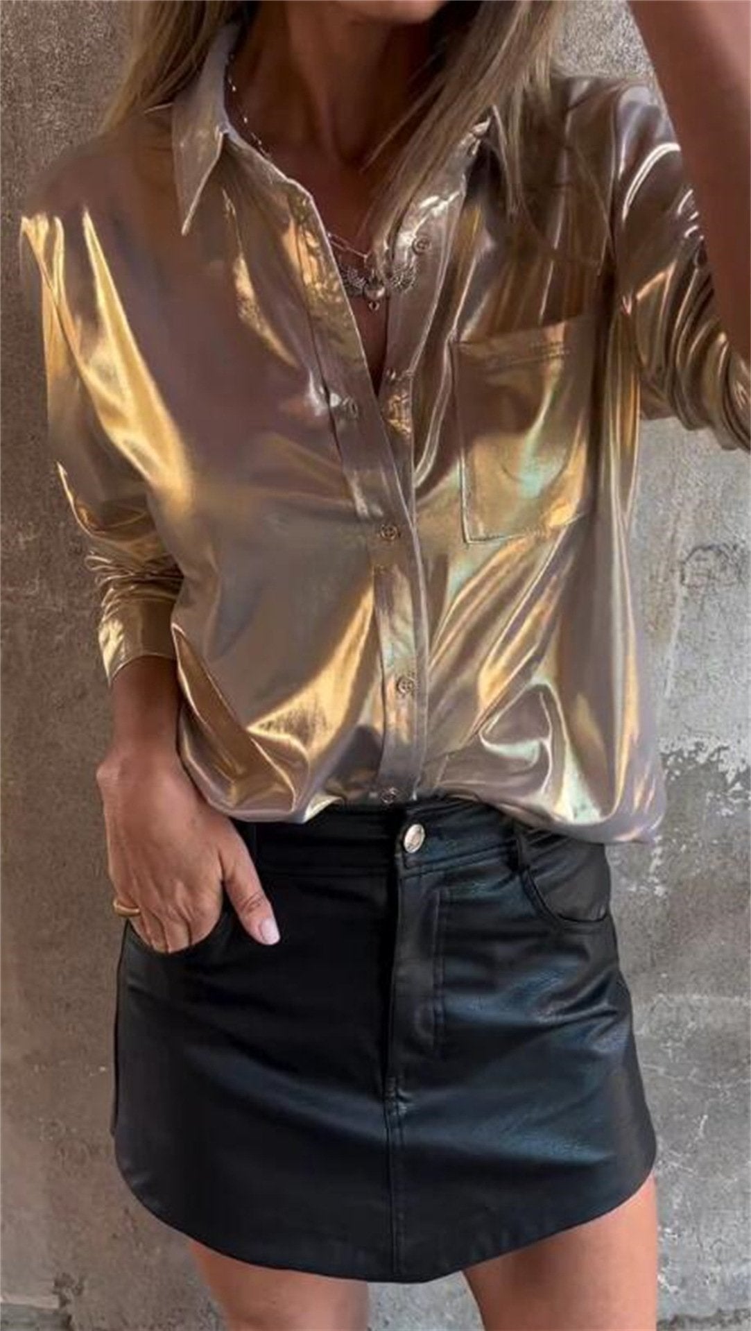 Lapel Long Sleeve Lustrous Shirt