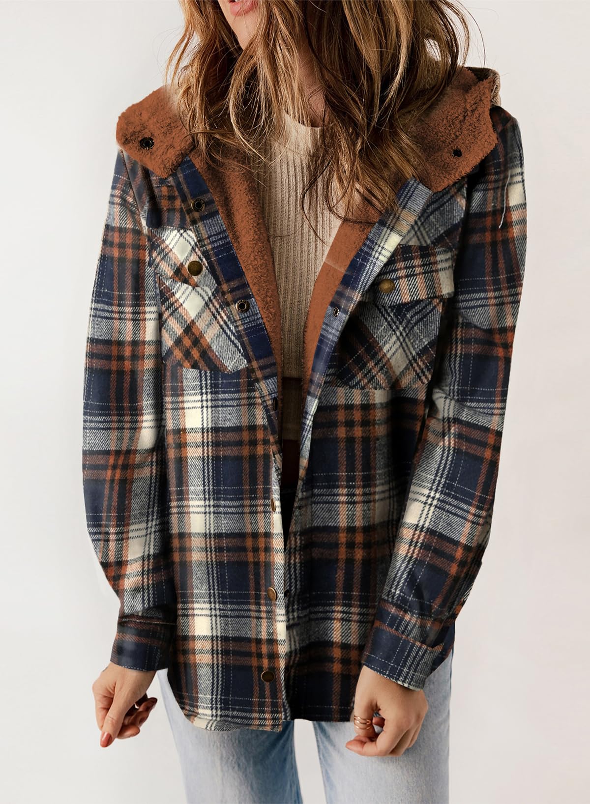 ⏰Hot Sale-Women's Plaid Long Sleeve Button Fleece Hooded Jacket