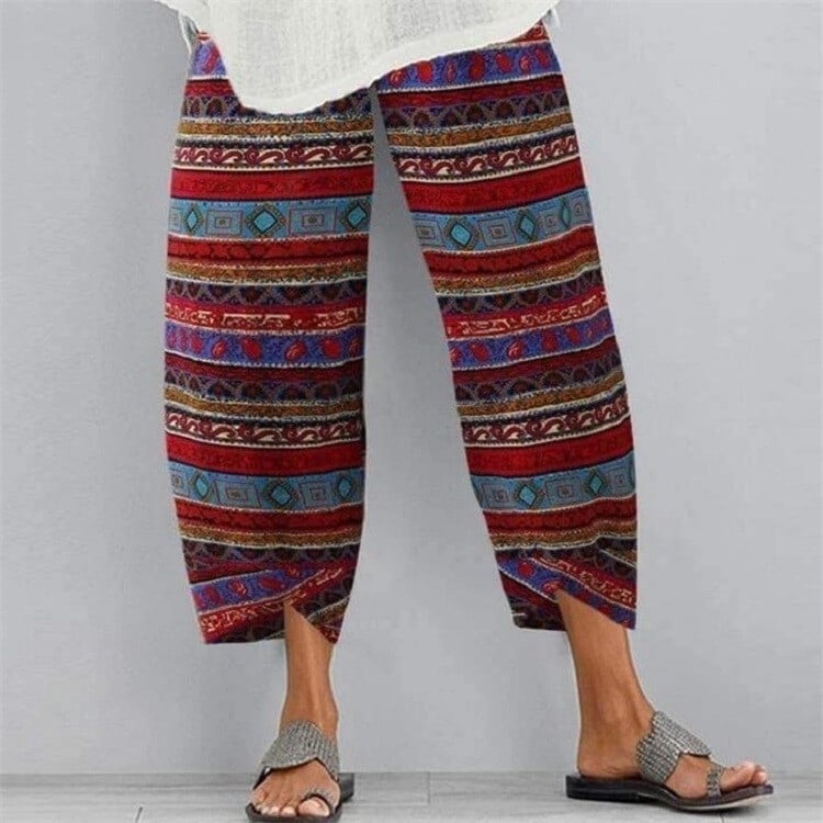 Women Printed Cotton Linen Wide Leg Drawstring Waist Capris Crop Pants