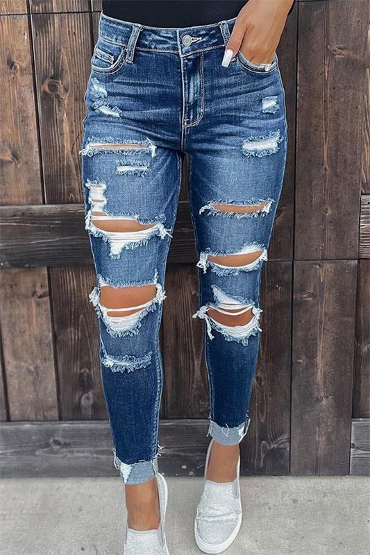 Ripped Rolled Hem Mid Waist Skinny Jeans