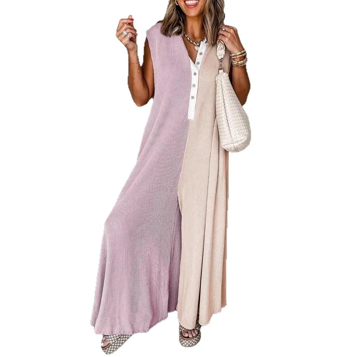 Women's Casual Wide-Leg Color Block Jumpsuit