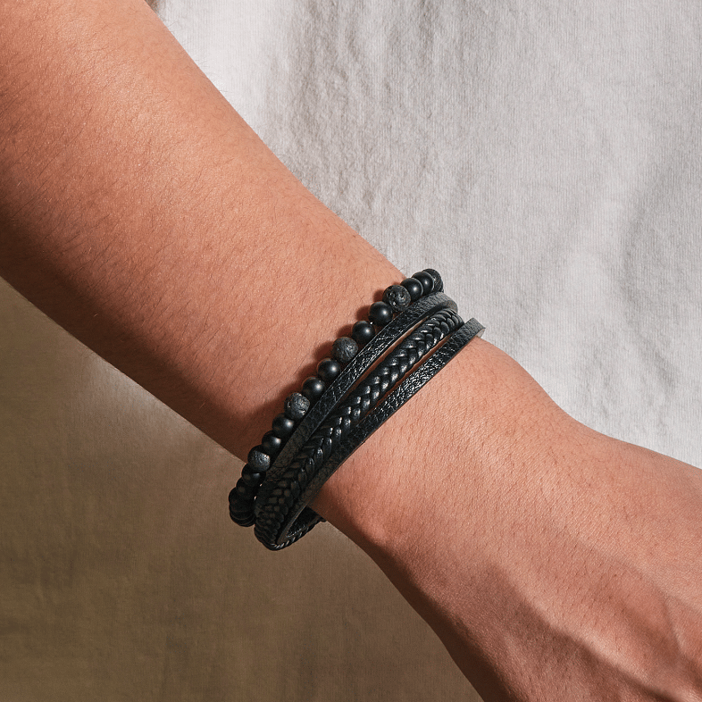 Natural Stone Obsidian Magnetic Buckle Men's Leather Bracelet-3 styles