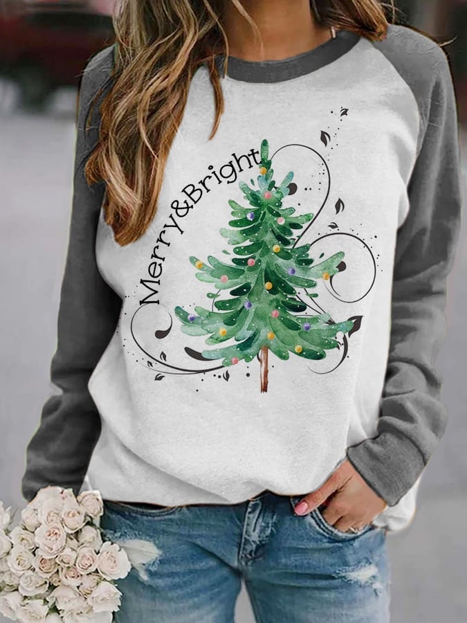🎄Women's Merry And Bright Christmas Tree🎄Print Casual Sweatshirt