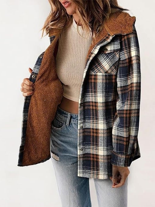 Women's Autumn/Winter Plaid Jacket Long Sleeve Buckle Wool Hooded Jacket Warm Coat