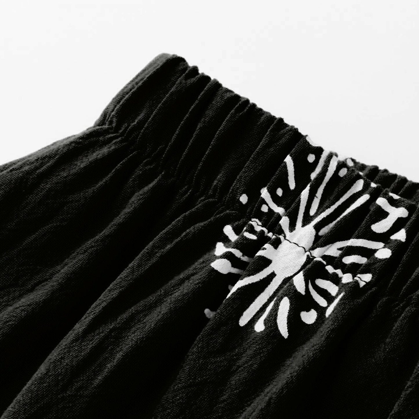 Women Printed Cotton Linen Wide Leg Drawstring Waist Capris Crop Pants