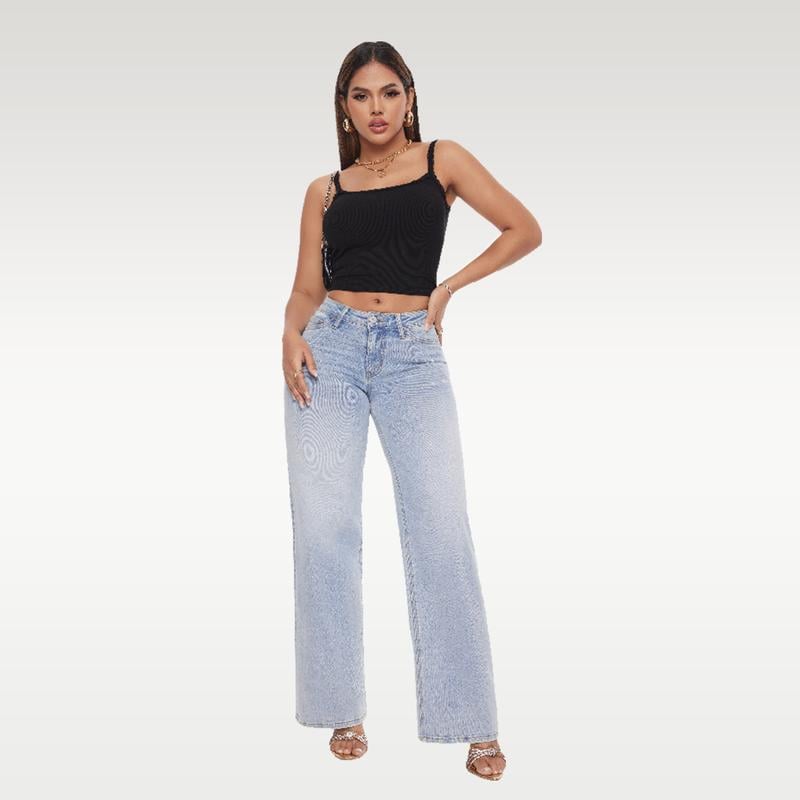 New Mid-Low Rise Tummy Control Curve-Hugging Plus Size Stretch Distressed Wide-Leg Jeans