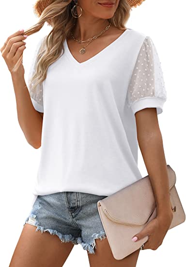 Summer Tops for Women V Neck T Shirts Casual Puff Sleeve Shirts Loose Fit