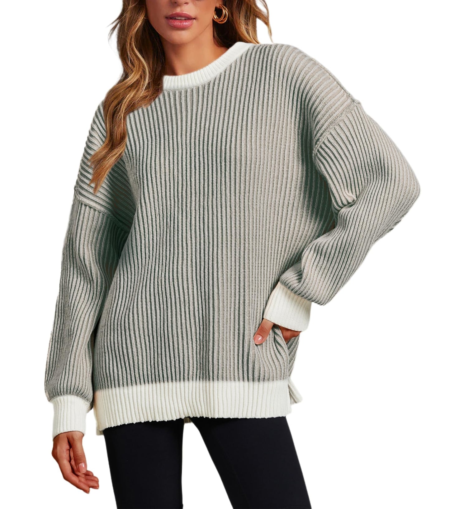 Women Striped Round Neck Rib Knit Blouse Sweater