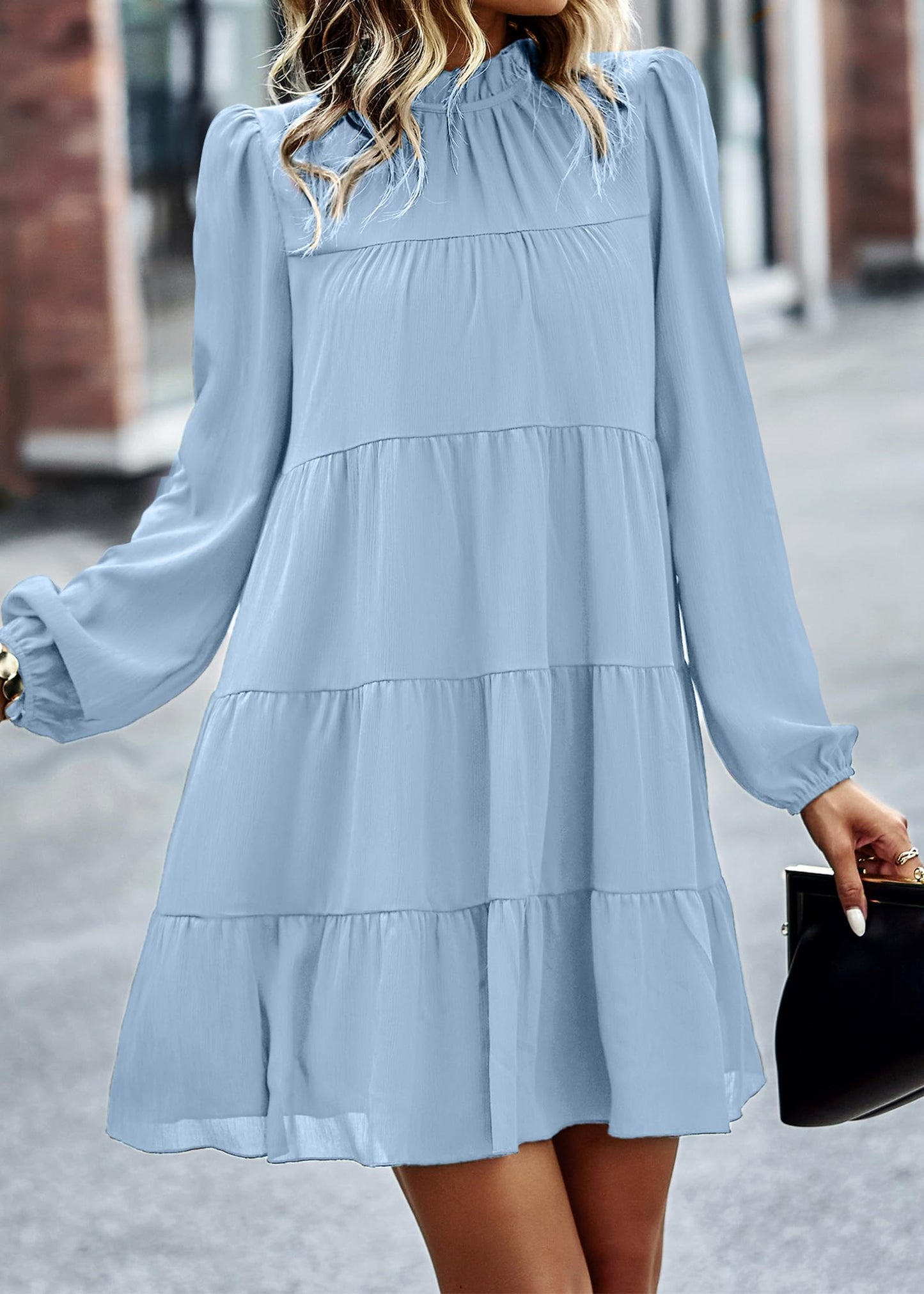 Womens Casual Long Sleeve Mock Neck Ruffle Tiered Babydoll Dress