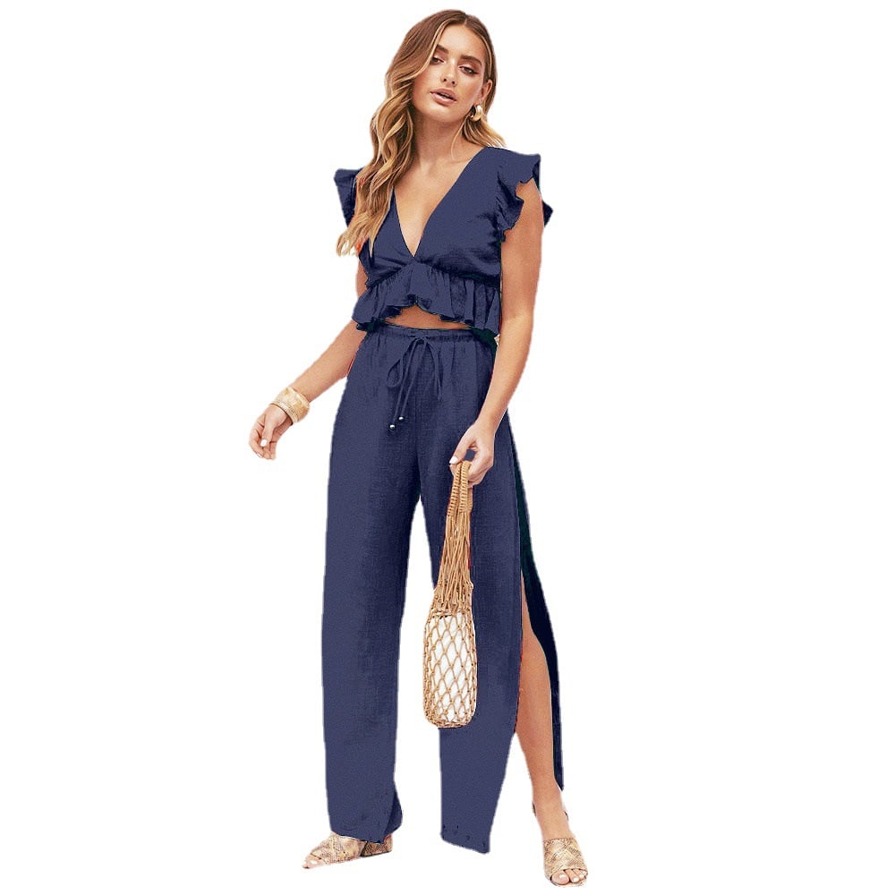 🔥Womens 2 Pieces Outfits Deep V Neck  Side Slit  Wide Leg Pants Set