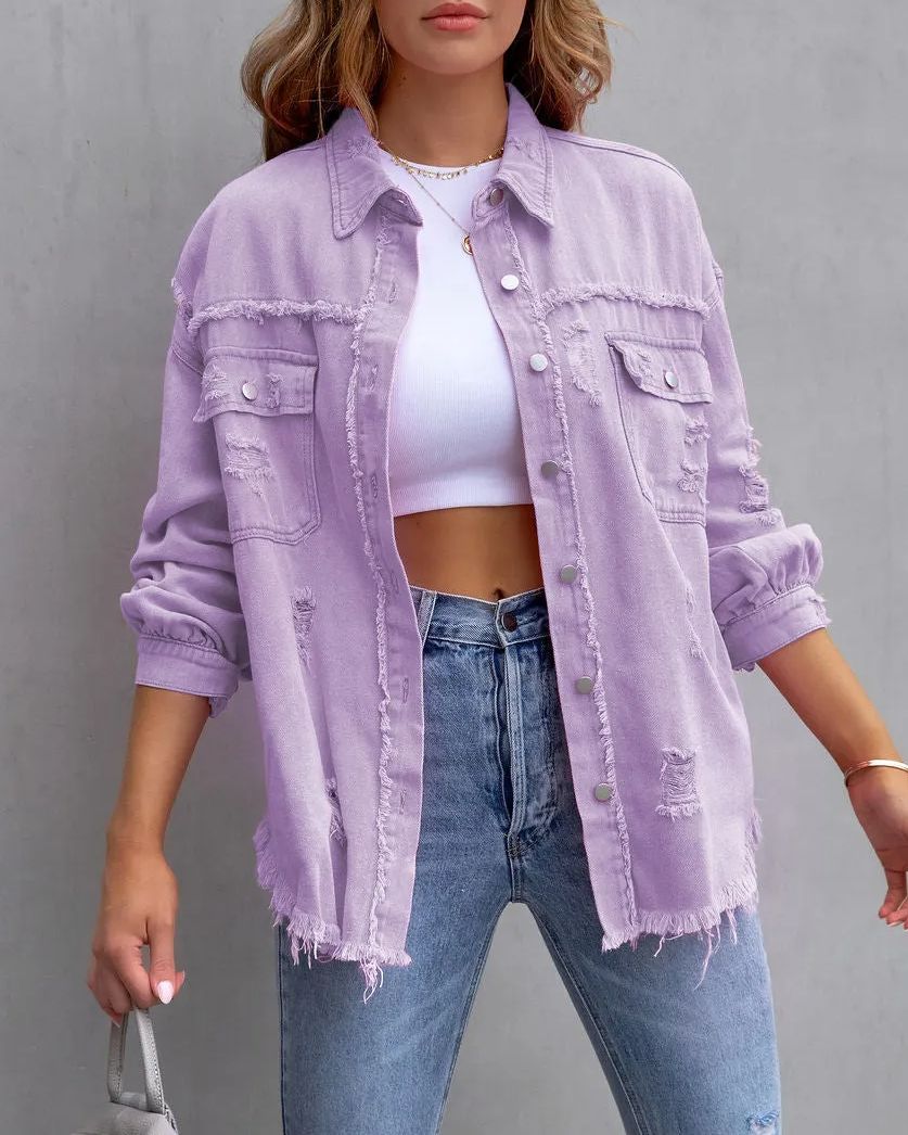 Women's Basic Casual Ripped Denim Jacket